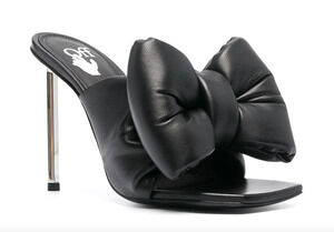 Off-White Allen Bow-Embellished Leather Slip On Stilletos Heel Mules Black EU 40